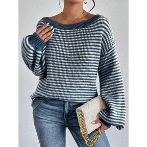 Women's Fall Striped Off The Shoulder Sweater Oversized Cable Soft Knit Pullovers Lightweight Drop Shoulder Tops Loose Long Sleeve Comfy Casual Jumper Tops Chic Crewneck