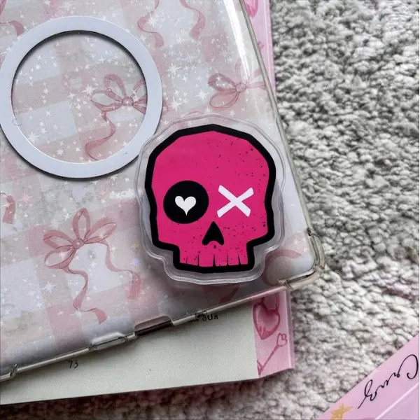 Pink Heart & Cross Skull MagSafe Phone Grip, Emo Punk Pink Skeleton Griptok, Y2K Aesthetic Phone Stand, Alternative Cute Accessory