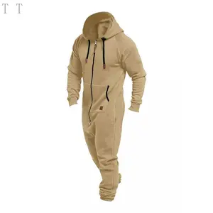 Men’s beige thermal fleece-lined hooded jumpsuit with pockets, full zipper, long sleeves, adjustable drawstring; comfortable sportswear/menswear overall, knitted, casual, plain