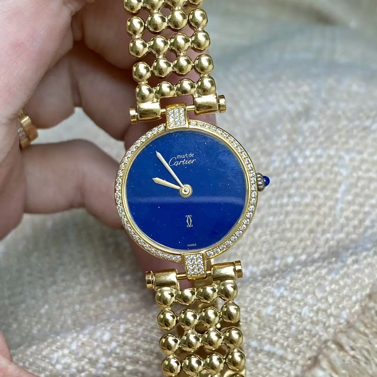 Cartier Must De Cartier Vendome Vintage 24mm Blue Lapis Vermeil Quartz Aftermarket Diamond Ladies Watch 21538632