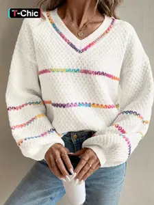 Chic Loose-Fit Ombre Striped V Neck Drop Shoulder Knit Sweater For Women, Casual Fashion for Spring and Fall, Moderate Thickness Sweater, Knitwear