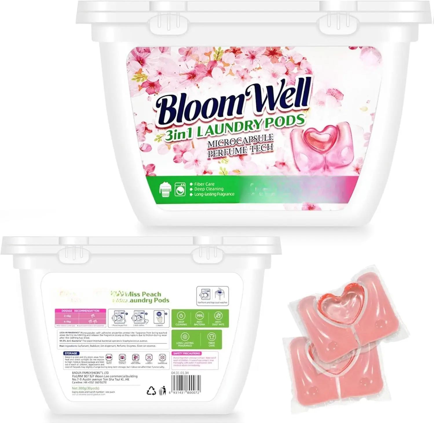BloomWell Baby Laundry Detergent Pods, 30 Count - 3-in-1 with Deep Clean, Anti-Bacterial, Anti-Dust Mite & Fiber Care, Long Lasting Peach Scent, Long Lasting Scent, Scented, Microcapsules, Perfume, 8 Years Above, 2-4 Kg