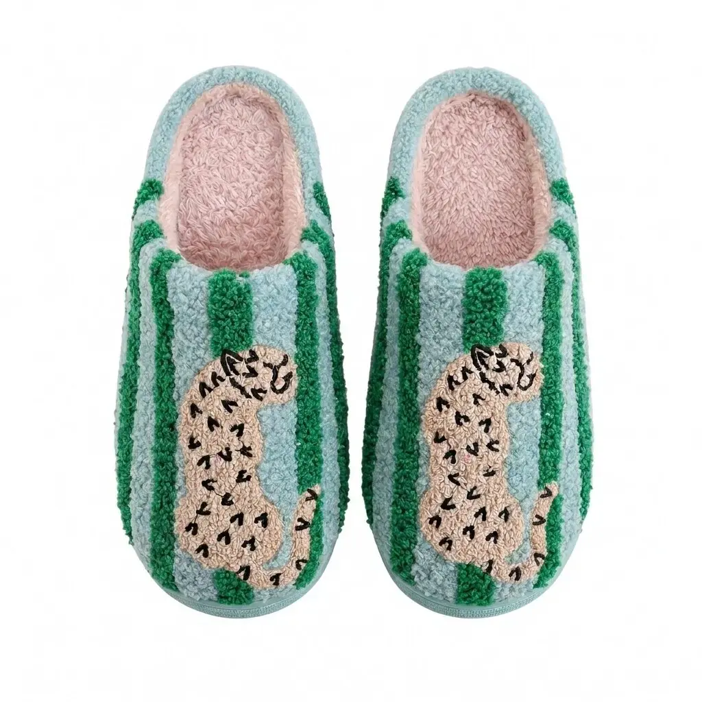 Retro Green Striped Leopard Embroidered Fuzzy Closed Toe Slippers Women, Super Soft Fluffy Lined Warm Winter House Slides, Anti Slip Quiet Sole Cozy Indoor Bedroom Plush Slipper, Fashion Aesthetic Cute Home Shoes Perfect Holiday Gift for Girls Ladie