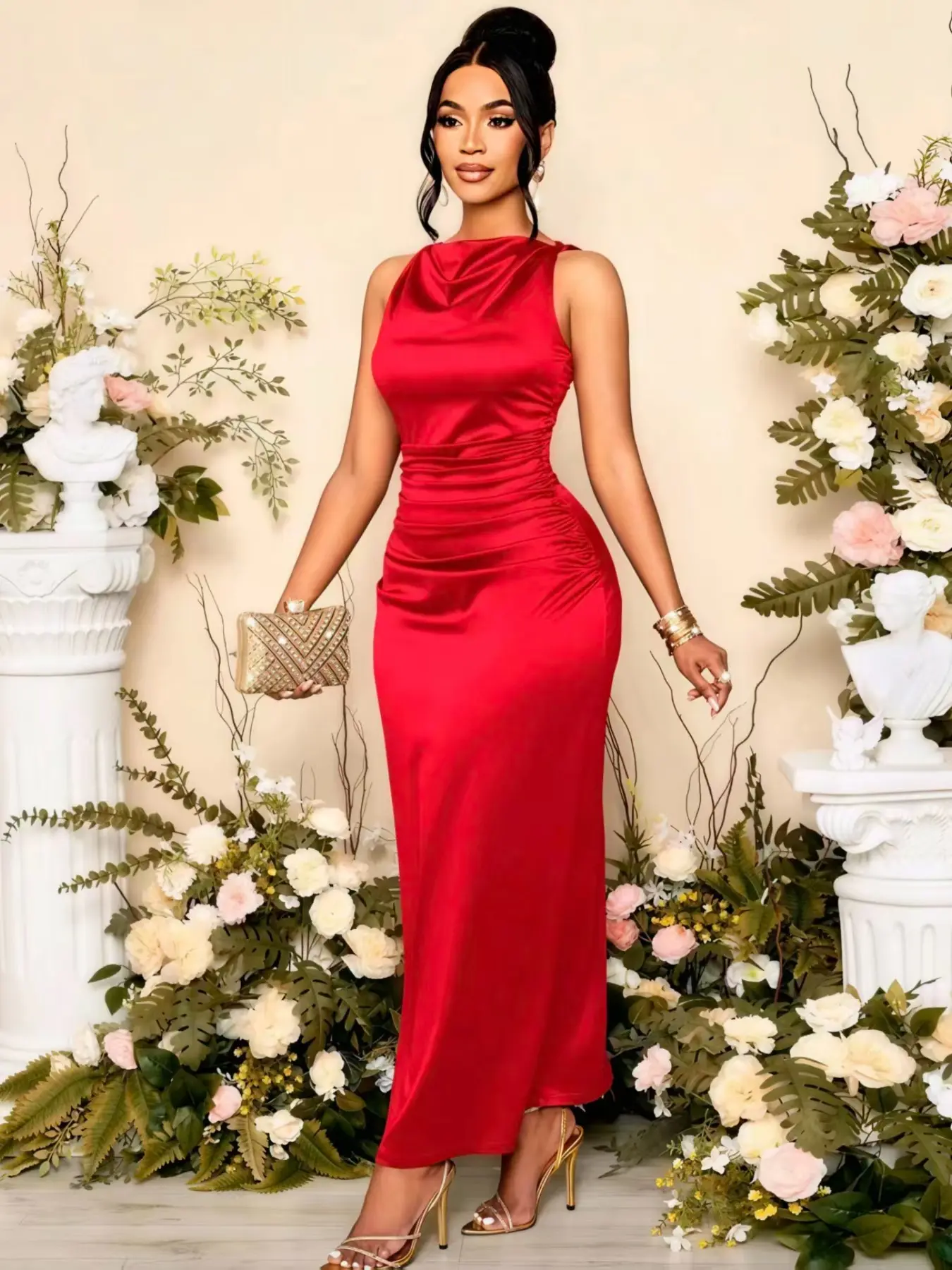 Elegant Women's Solid Color Formal Party Dress, Formal Wear, Sleeveless Drop Shoulder Design, Perfect for Events & Dates, Elegance, B3076 Model, Fit
