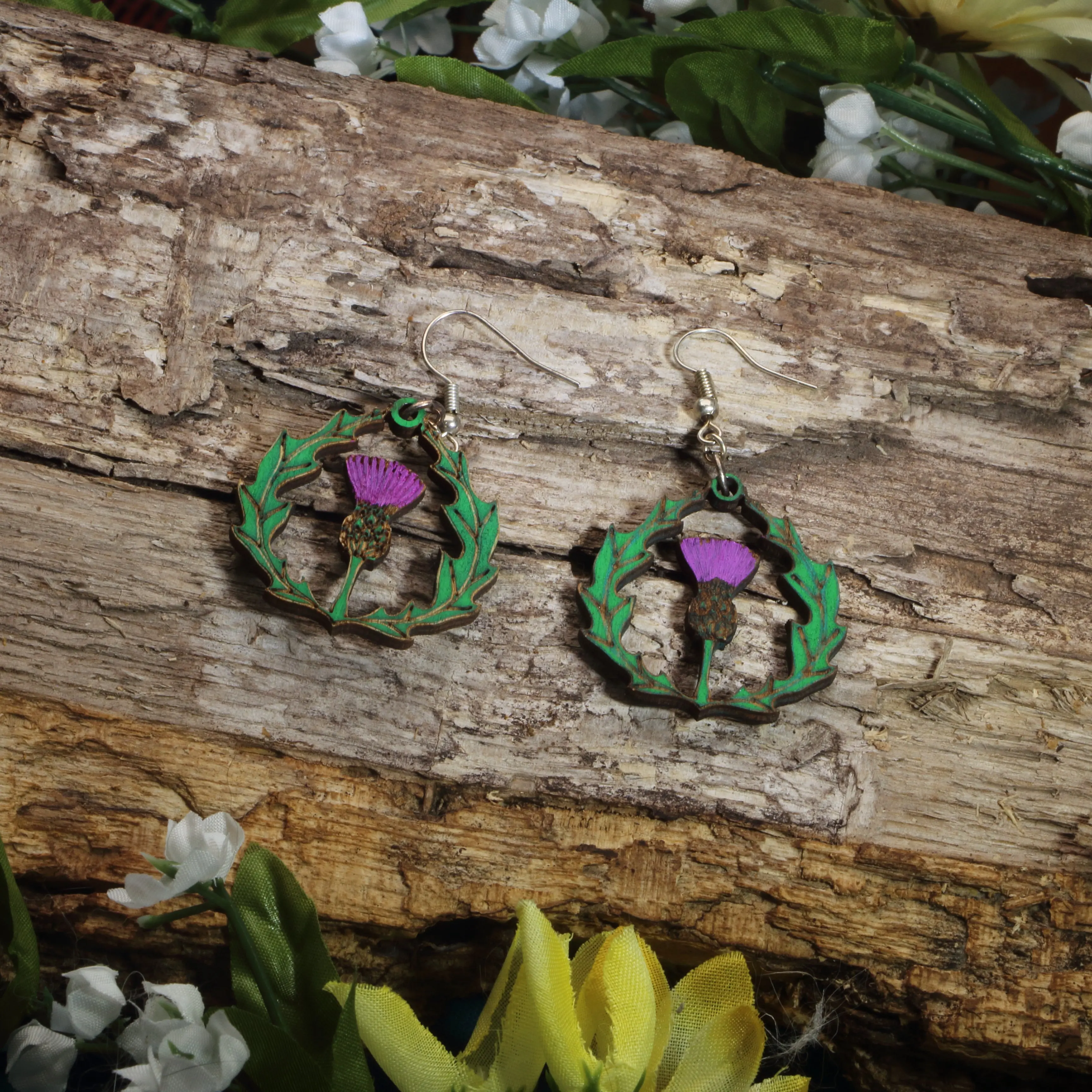 Thistle Wooden Dangle Earrings | Celtic Scottish Flower Jewelry
