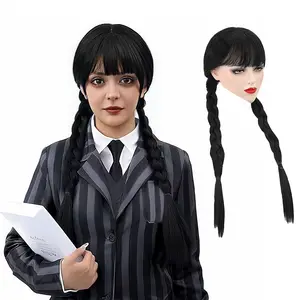 Long Black Braids Wig with Bangs and Pigtails,Long Straight Pigtails Wig,Double Braided Black Wigs for Wednesday Adult Costume