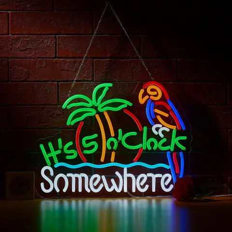 40x30cm Palm Tree-Sun-Parrot Themed "It's 5:00 O'clock Somewhere" Silicone LED Sign - Acrylic Board Illuminated Decorative Neon Sign, Men's Room Decor, Wall/Window-Mountable LED Wall Decoration, Mood Lighting, Neon Lights Aesthetic, Adds a Lively Touch