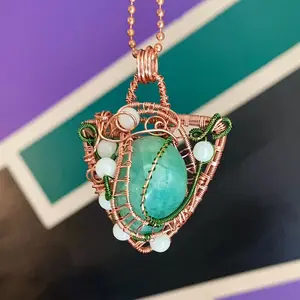 Tumbled Emerald Gemstone Pendant Wrapped in Copper Wire with Glow in the Dark Accent Bead Handcrafted Jewelry