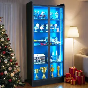 VEVOR Display Cabinet with Doors, 67 in Tall Lighted Display Case with 2 Adjustable Shelves, 5-Tier Curio Collectibles Storage Cabinet, Bookshelf Bookcase for Pantry Bedroom Living Room Office