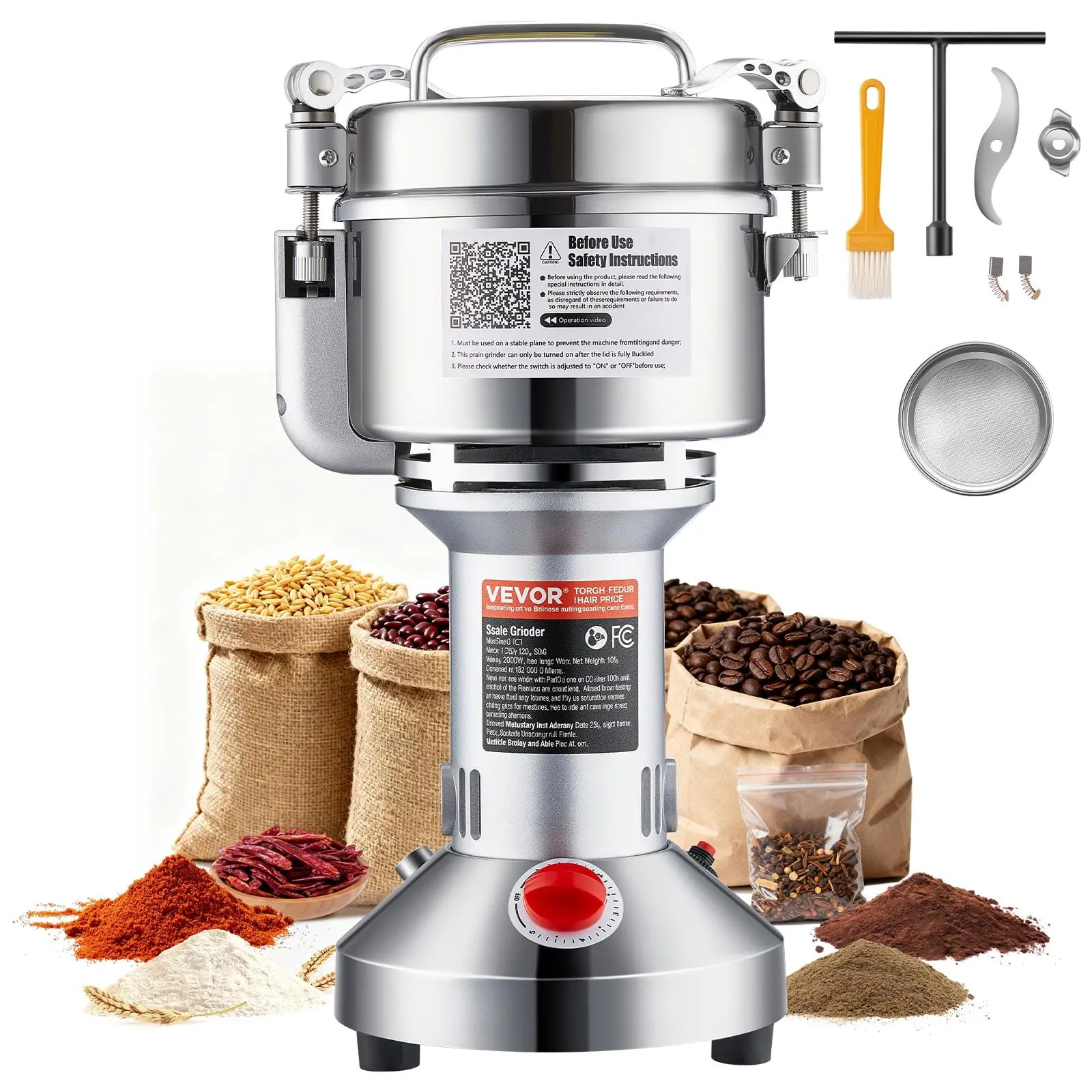 【FathersDayGift】 VEVOR 550g Electric Grain Mill Grinder, High Speed 2000W Commercial Spice Grinders, Stainless Steel Pulverizer Powder Machine, for Dry Grains Spices Cereals Coffee Corn Pepper, Straight Type, Grain Milling Machine For Spices