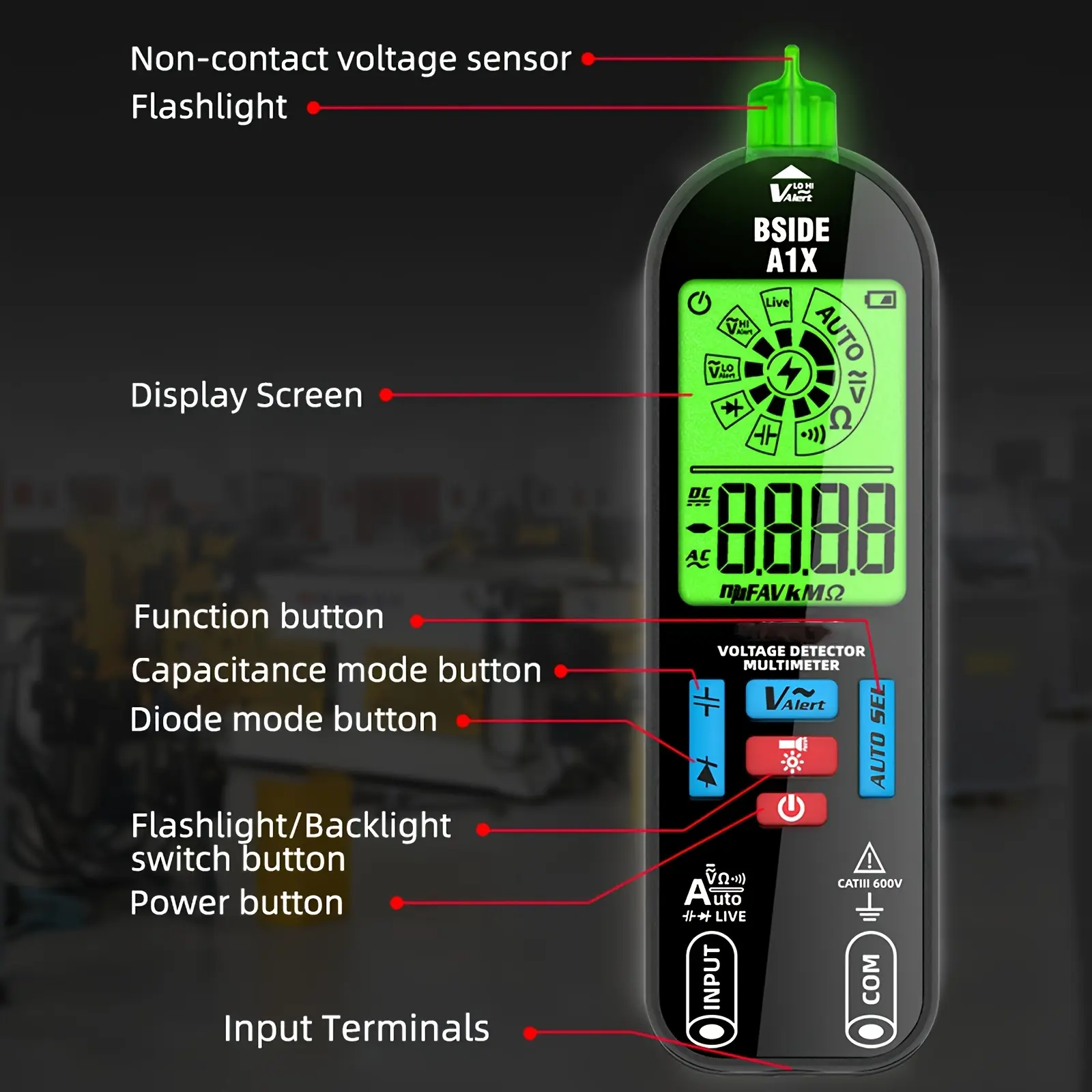Bside A1X Smart Digital Avometer - Rechargeable with Charging Cable, High Resolution Backlit Display, Red & Green Backlight, Auto Test Mode, AC and DC Voltage, Resistance, Continuity, Diode Mode