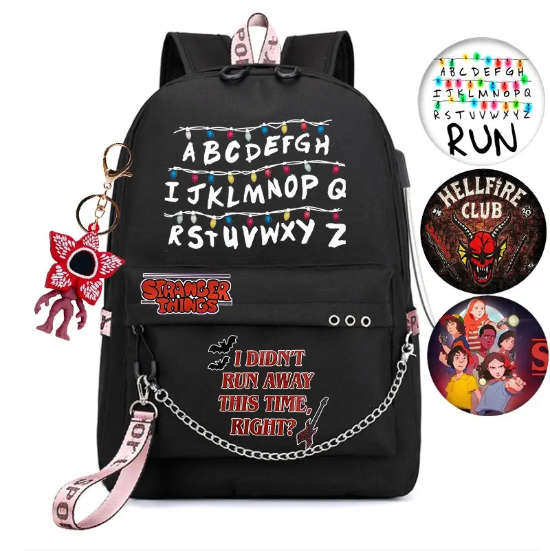 Stranger Things Metal Chain Decor School Backpack for Students - Casual Travel Daypack with 3 Button Pins, Keychain