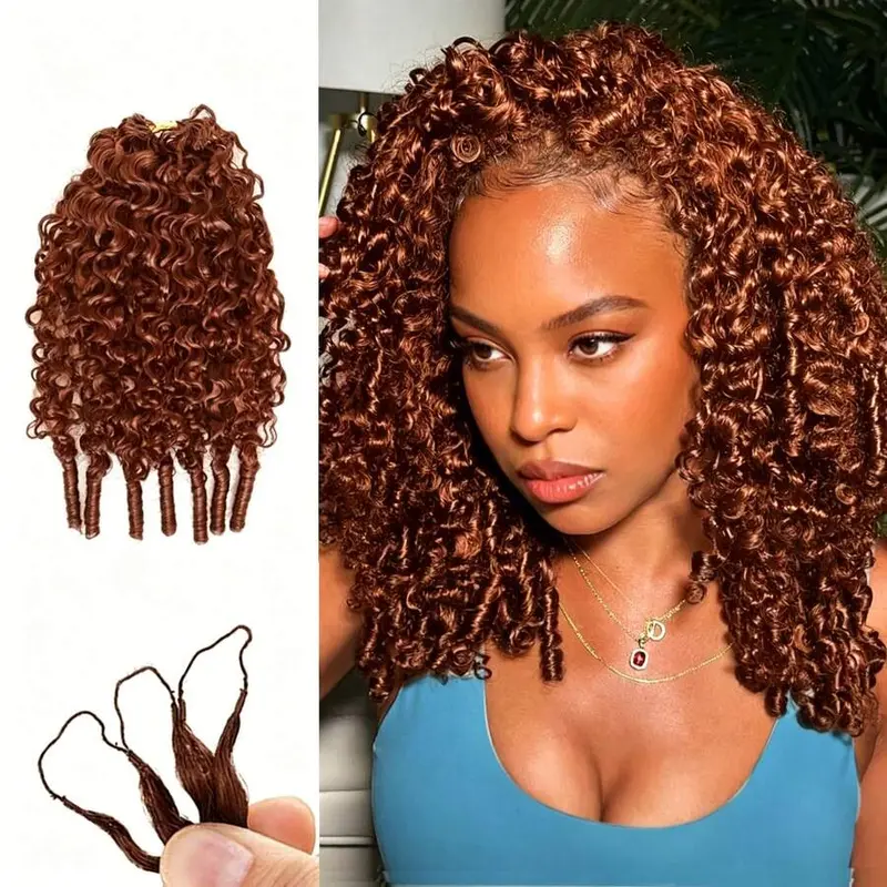 MLOCKME Short Premium Unisex Burmese Curly Human Hair Crochet Extensions, 50g Pre-Separated Feather, Invisible Knotless Invisible Extension Hairpiece, Reusable Lightweight, 33# Reddish Brown