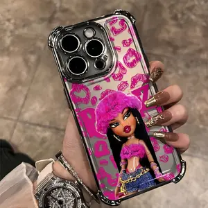Bratz luxury fashion cute doll phone case, compatible with iPhone 17, 16, 15, 14, 13, 12, 11, X, XS, XSMAX, electroplated shockproof transparent soft back cover, accessories for Christmas, autumn, and Halloween