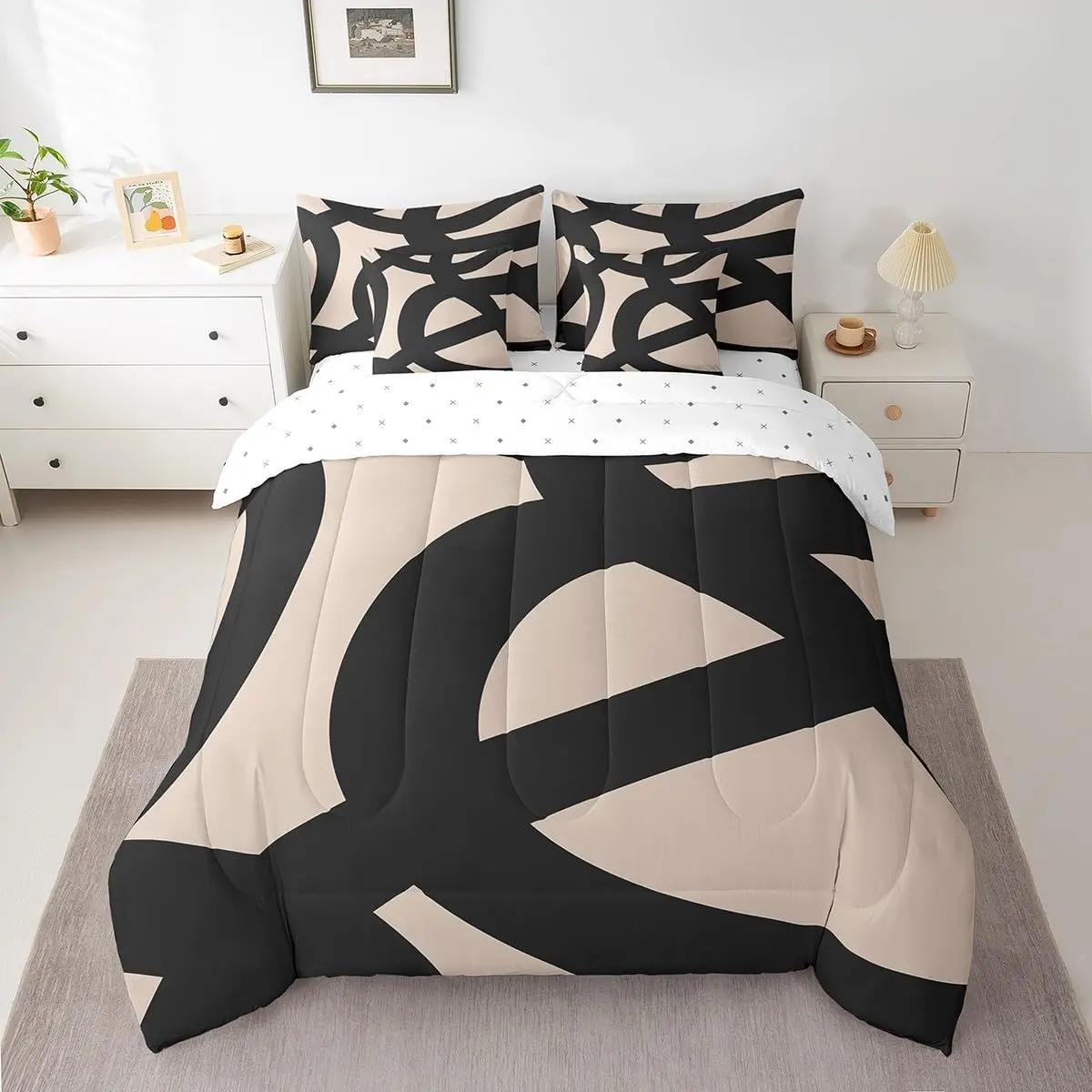 Feelyou Adults 7-Piece Black & Dark Tan Microfiber Bedding Set - Modern Abstract Neutral Art Comforter, Breathable Duvet, Bed Sheets, Bed Sheets Set, Breathable Duvet Set