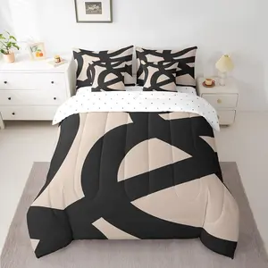 Adults Black and Dark Tan Comforter Set,7 Pieces Comforters Modern Bedding Set,Abstract Neutral Art Bed Set Breathable Duvet Set Bed Sheets Set