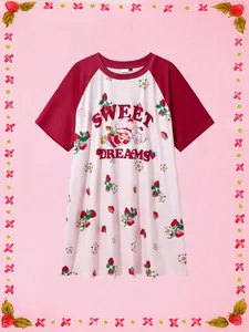 Strawberry Shortcake X SHEIN Plus Size Comfy & Cute Strawberry Letter Graphic Raglan Sleeve Colorblock Women Nightgown Sleep Dress, Autumn