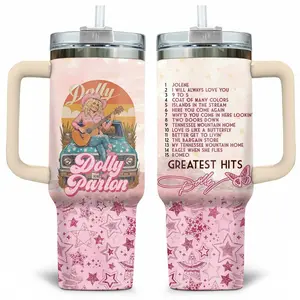 Dolly Parton Greatest Hits 40oz Tumbler with Handle | Pink Starry Country Music Travel Mug with Straw | Perfect Fan Gift for Dolly Lovers