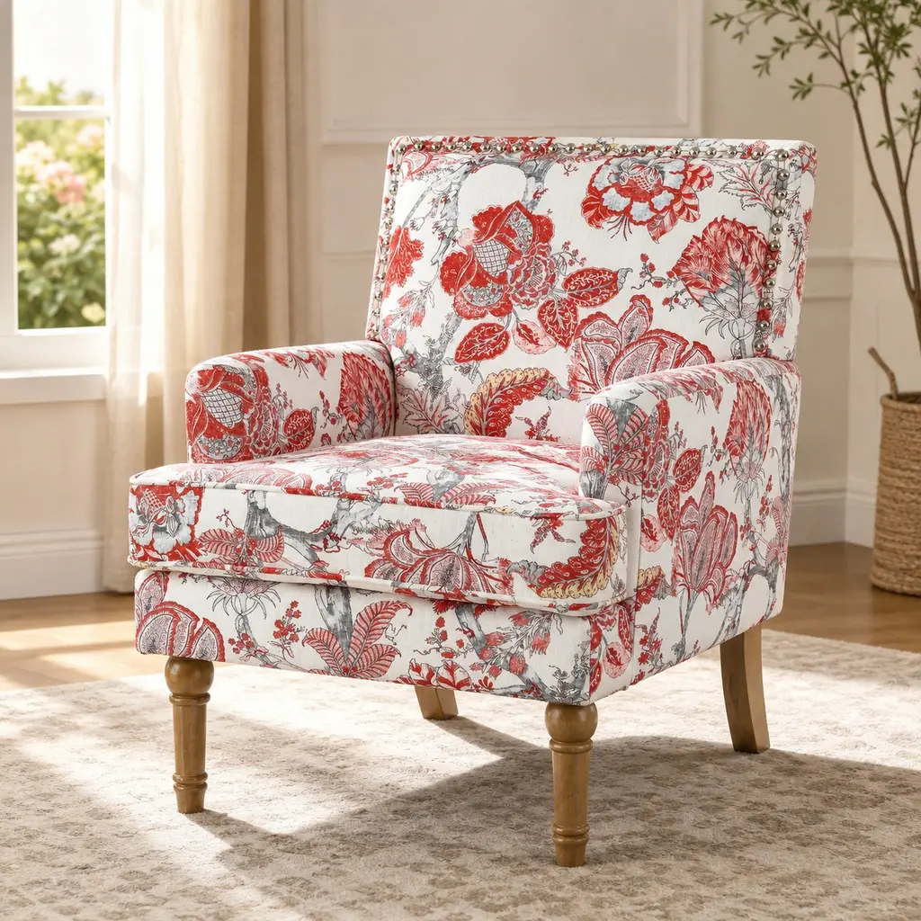 Accent Chair with Floral Upholstery and Nailhead Trim, Red and White Decor, Solid Wood Legs, Upholstered Slipper Chair for Living Room, Farmhouse Style Armchair, 27W x 28.5D x 34H in, Red Color Options, Wood+Fabric Material, Contemporary Style