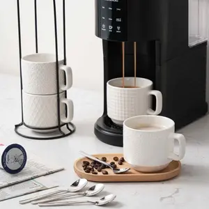 4 Pack Stackable Coffee Cups Set Gift, includes Spoons and Metal Base, Textured Ceramic Cups, Suitable for Cappuccino, Espresso, Latte, and Tea, Microwave-safe and Dishwasher-safe - The Perfect Gift for Home Office Use, White, 10 oz