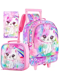 Rolling Backpack for Girls, Cute Backpack, Kids Sequins Roller School Bag with Lunch Bag, Sequins Wheeled Bookbag for Children - Pink Cat, Cute Rainbow Bag
