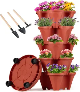 Vertical Planter Tower - 5 Tier Stackable Garden Planters with Wheels and Tools Plant Pots for Strawberry Herb Flower and Vegetable Indoor Outdoor Use Red