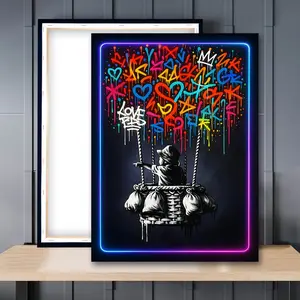 1pc Wooden Framed, Graffiti Balloon Ride Poster, Graffiti Banksy Wall Art Canvas Painting, Urban Street Style, Modern Art Design, Neon Street Art Art Poster Print Wall Pictures, Ideal For Bathroom, Bedroom, Office, Living Room, Wall, Room, Home Decoration