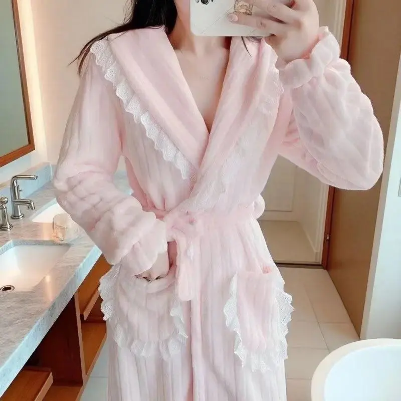 Robe for Women Sleepwear Warm Fleece Pajama One Piece Nightgown Winter Nightdress Night Wears Lace Belt Solid Sleeping Homewear