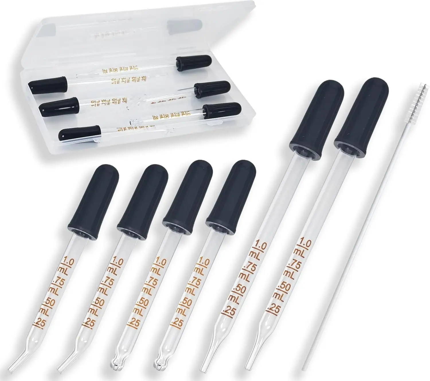 6 Pack Glass Pipette Dropper with Brush - Bent & Straight Tips, 1 ml Eye Droppers for Essential Oils, Lab, Crafts, Measuring and Transferring Liquids