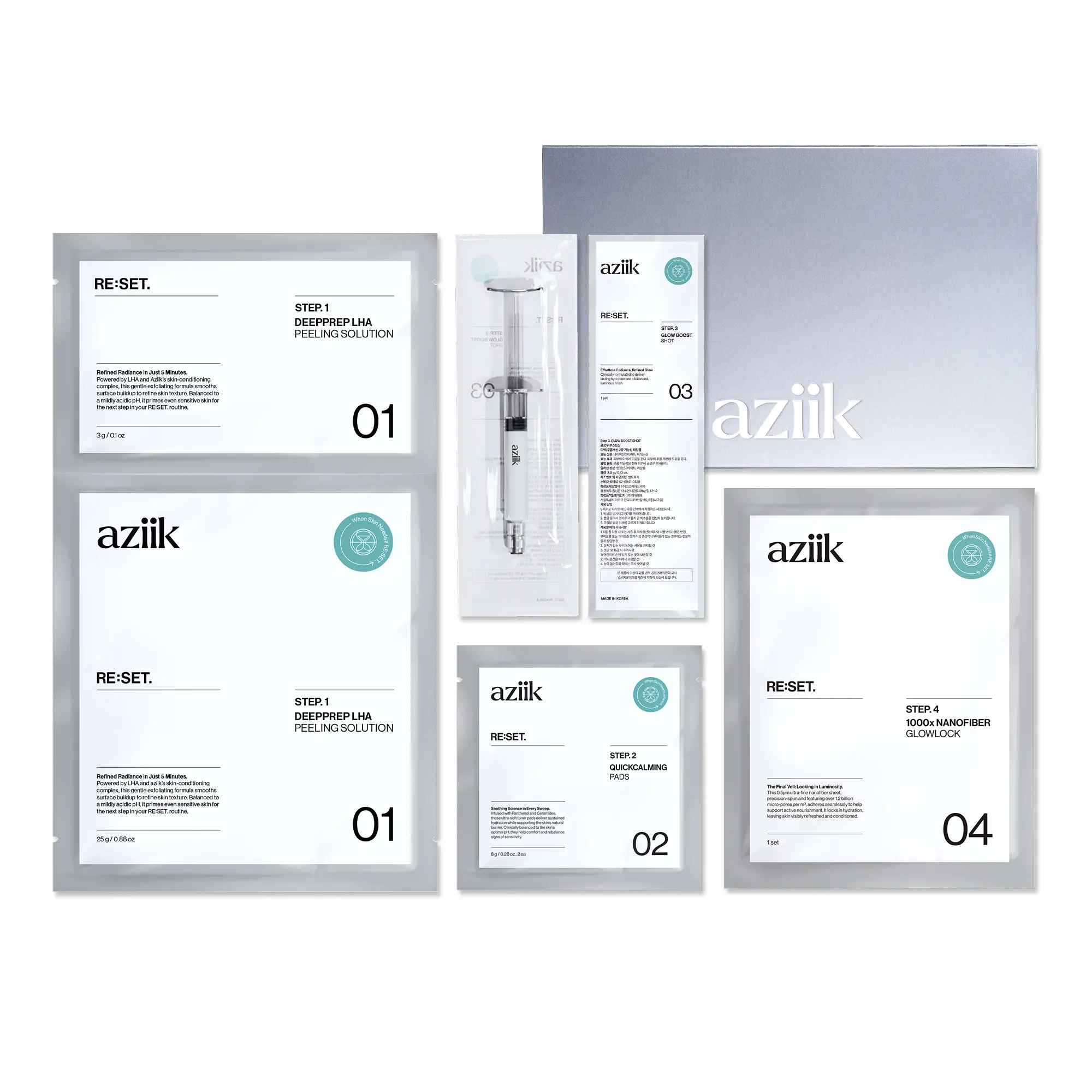aziik RE:SET At-Home Facial Kit — 4-Step Korean Glass Skin Treatment in 20 Minutes | Weekly Exfoliation&Hydration Reset for Dull, Rough Skin | Before Big Days | Niacinamide, Ceramides, Hyaluronic Acid