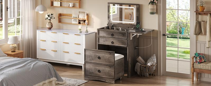 AMERLIFE 3-in-1 Makeup Vanity with Sliding Stool, Fold-up Panel, Divided Storage & Power Port, Farmhouse Makeup Table with Adjustable LED Light, for Small Space/Best Gift Ideas/Christmas Gifts