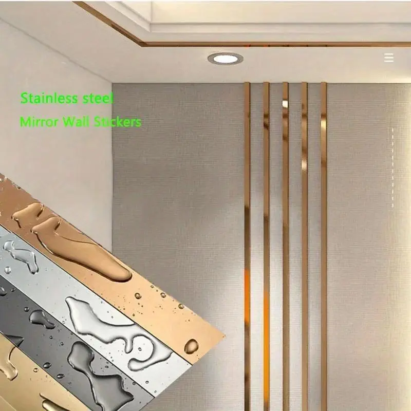 1 Roll Gold Interior Wall Sticker Decoration Sticker Stainless Steel Flat Decorative Lines Titanium Wall Ceiling Edge Strip Mirror wall decor stickers Decoration Items