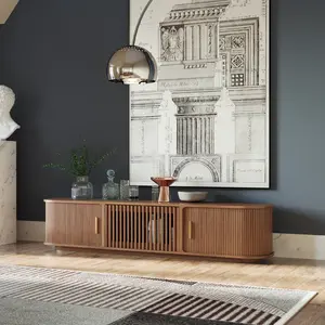 78.74" Mid-Century Modern Tambour Door TV Stand, Walnut Color on the Ground TV Console, Ash Rolling Door Media Console