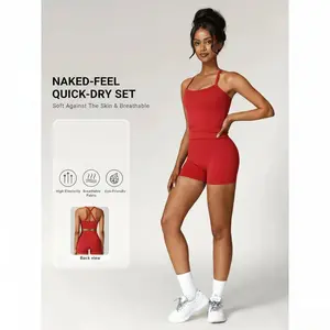 Two-piece Set Women's Solid Backless Cami Top & High Waist Shorts Tracksuit Set, Sleeveless Spaghetti Strap Crop Top & Skinny Shorts, Ladies Sportswear for Indoor Outdoor Wear, Gym Wear