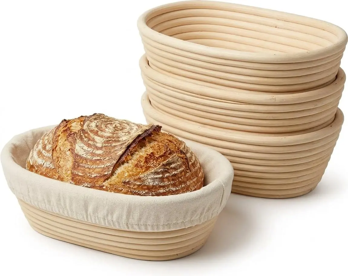 Home Bakers' 4-Pack 10in Handmade Sturdy Natural Rattan Oval Banneton Proofing Basket Kit, with Smooth Classic Traditional Washable Linen Liners, Kitchen Dough Rising Bowls