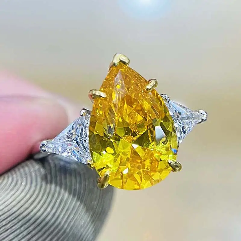 Large Pigeon Egg Simulated Diamond Ring for Women, Teardrop Pink Yellow Zircon Ice Flower Cut Statement Ring