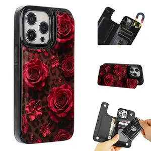 Phone Case: Rose leopard print flip cover wallet-style phone case, finely crafted, with magnetic card slot, compatible with iPhone 17 16 15 14 13 12 PRO MAX PLUS, AIR and Samsung S25 Ultra/S25 Ultra/S24 Ultra/S23 Ultra/S22