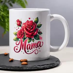 Mama Flower Novelty Coffee Mug Gift for Mothers Day Featuring Red Floral Design on Gold Accents Ceramic Family Mug Perfect for New Mothers Rose Flower Style Birthday and Moms Day Presents for Mom Nana 11oz
