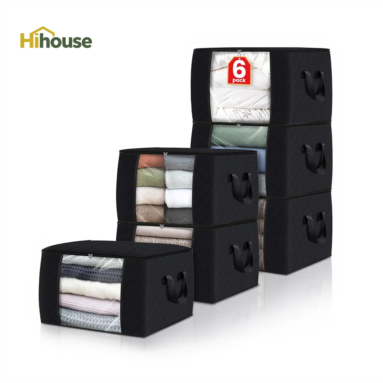 6 Pack Foldable Clothes Storage Bags with Clear Window & Reinforced Handles Large Capacity Organizer for Blankets Comforters Bedding Closet Bedroom No Assembly