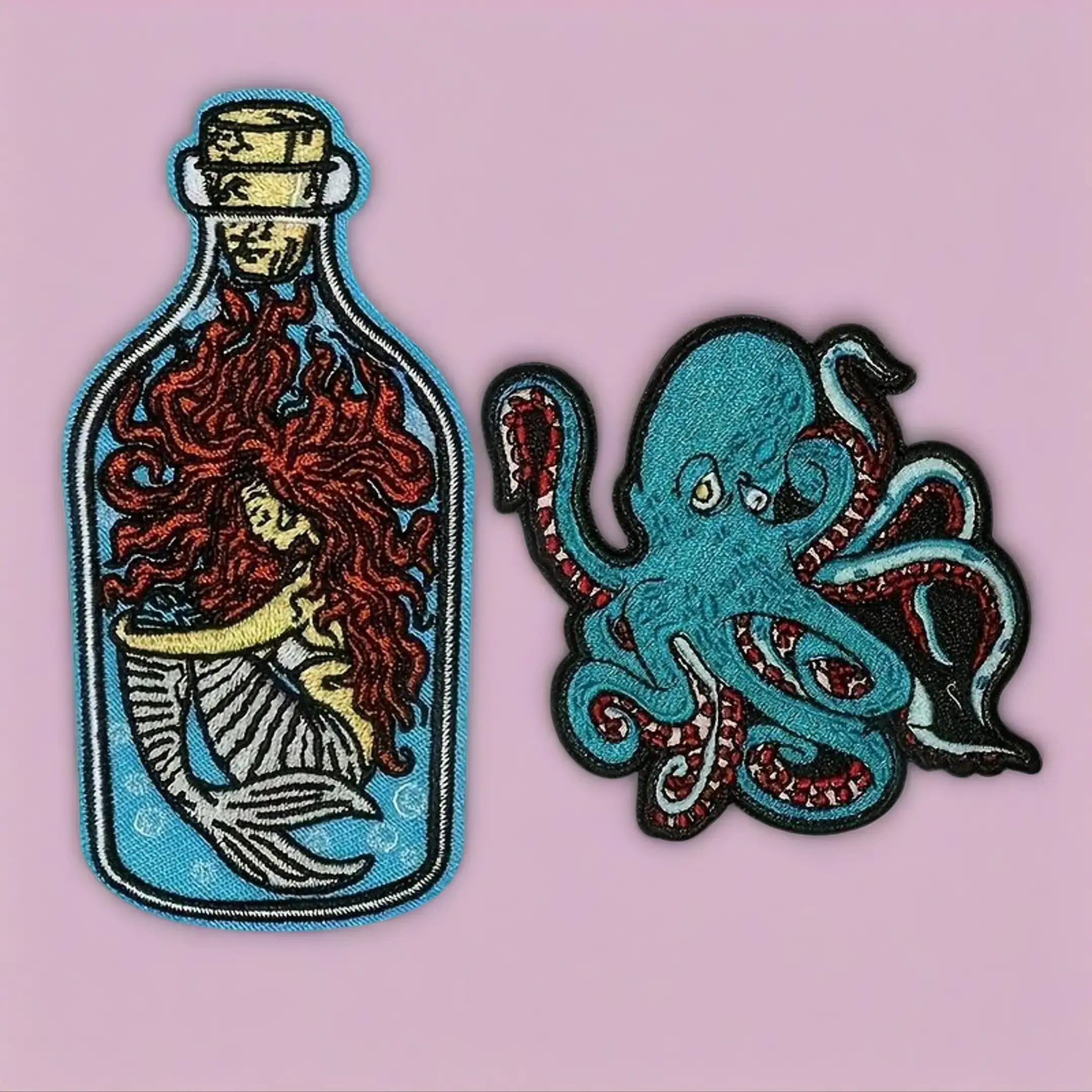 2pcs Marine-Themed Polyester Embroidered Patches Set - Mermaid, Octopus Patterns, Sewing Accessories for Jackets/Bags, Sea Life Enthusiasts’ Bottle-Compatible Gift