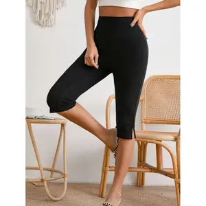 Solid Split Hem Capris Leggings Solid Split Hem Capris Leggings
