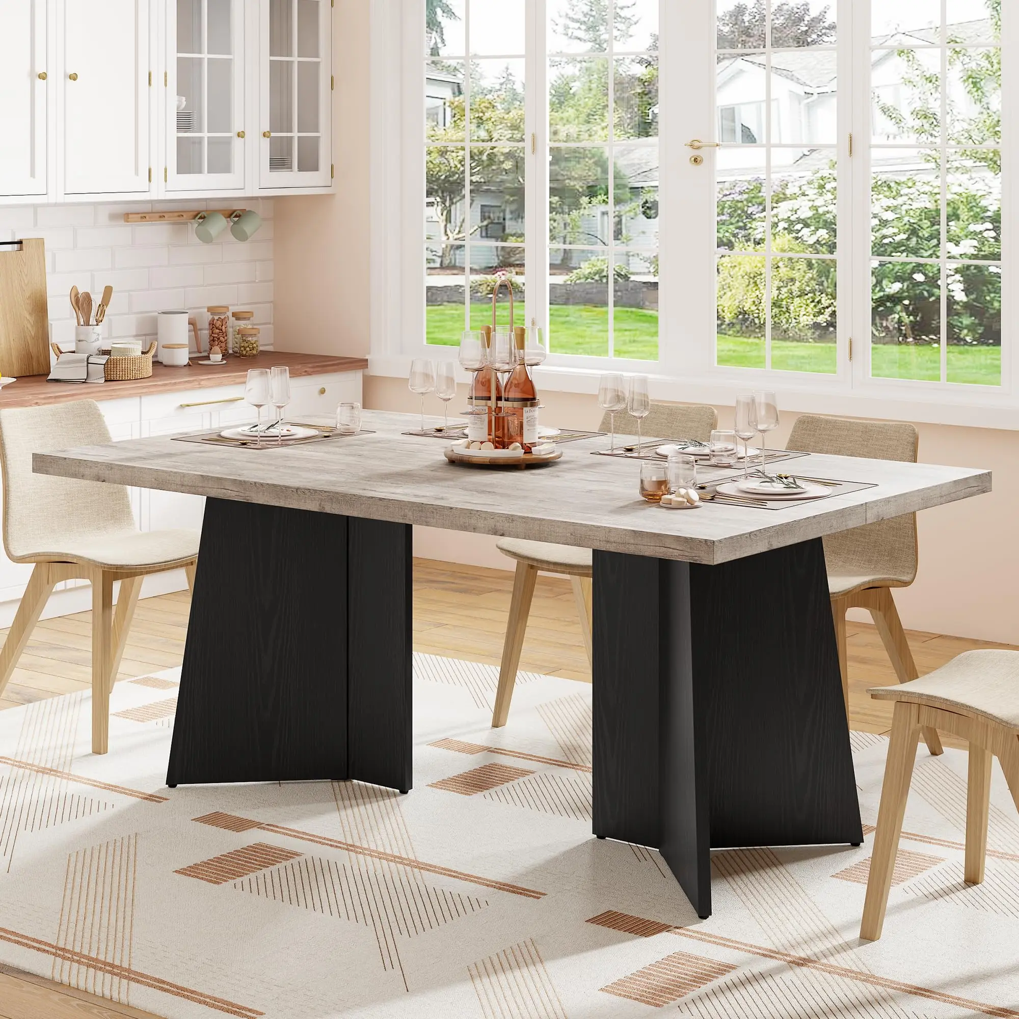 Garvee 63" Dining Table for 4-6 People - Kitchen Table with Extra Thickened Tabletop & Heavy Duty Base Legs, Modern Rectangular Dinner Table for Kitchen, Conference Room, Home, Grey & Black