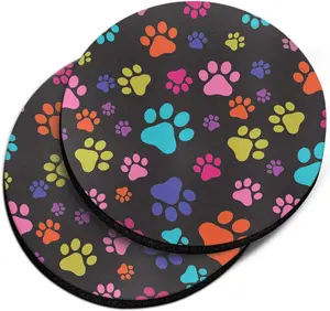 , Multicolor Paws Dog Design Absorbent round Fabric Felt Neoprene Car Coasters for Drinks, 2Pcs Set CARIBOU Coasters