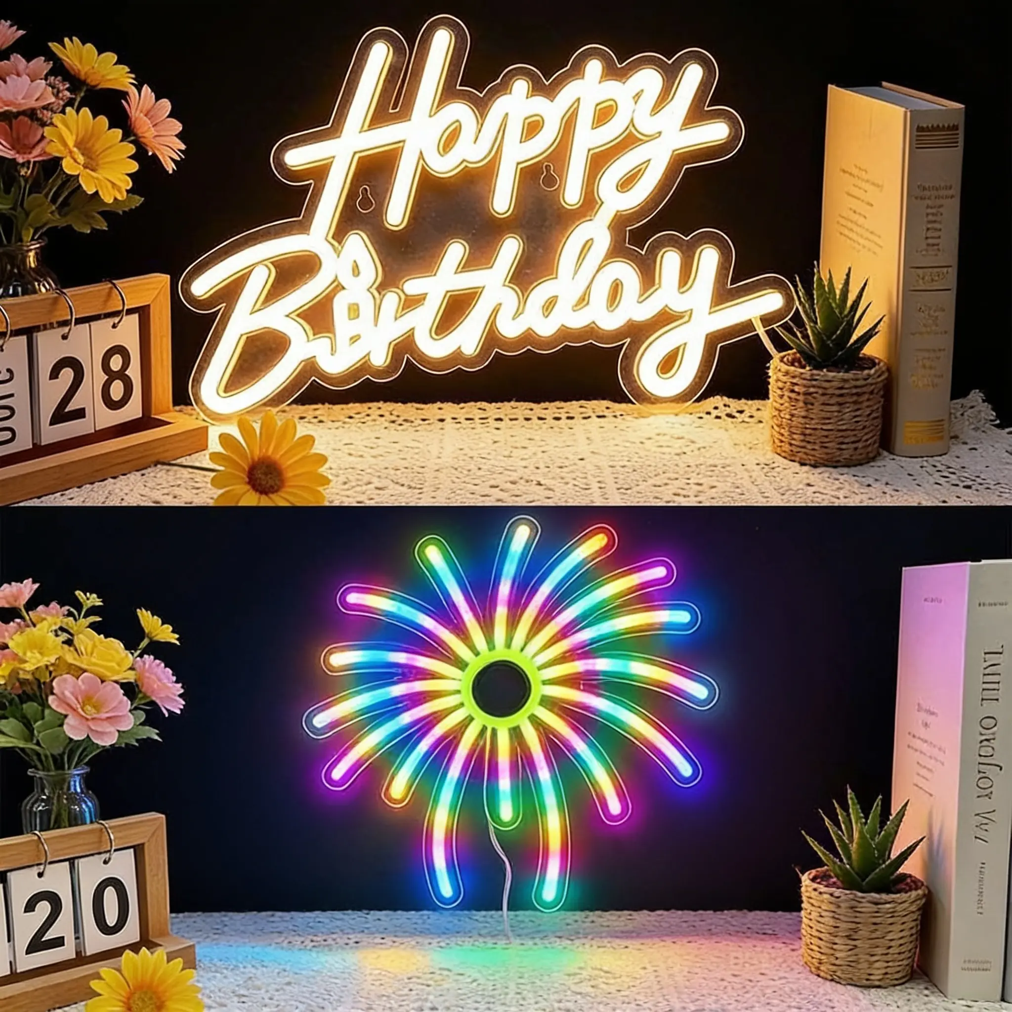 2 Styles RGB Color Changing Neon Sign with Music Sync Mode, Happy Birthday Letter / Firework Shape LED Neon Light, Multiple Lighting Modes USB Hanging Wall Lamp for Birthday Party Holiday Bedroom Photo Backdrop Decor Gift