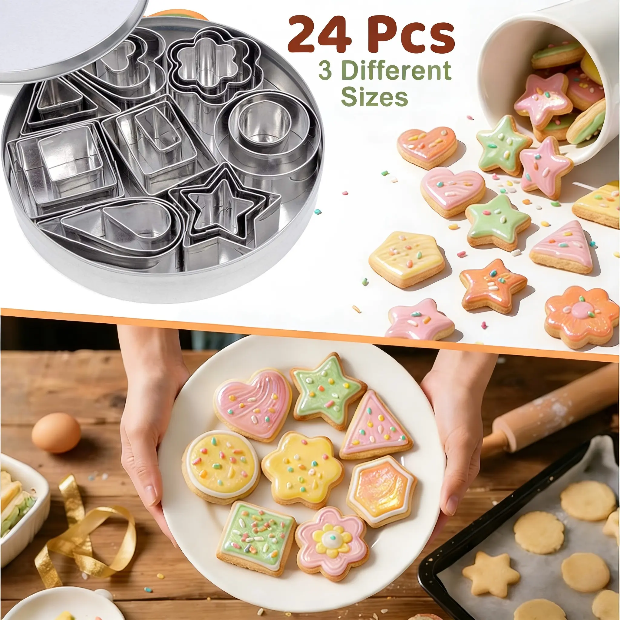 Cookie Cutter Set, 24Pcs Stainless Steel, Multi Shapes With Storage Tin, For Multi-Purpose Baking Cooking, Durable Easy Release, Fondant Pastry Biscuit Baking Tool Kitchen Gadget Bakeware, Baking Accessories