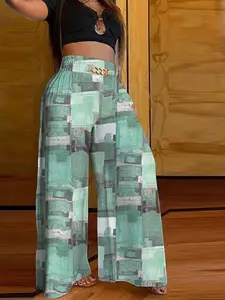 Women's Colorblock Chain Print Wide Leg Pants, Casual Comfy Stretchy High Waist Trousers for Spring & Fall, Women's Bottoms for Daily Wear, Womenswear