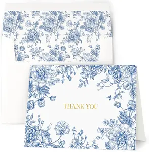 50 Set Thank You Cards with Envelopes (3.5x5) - Gold Foil Elegant Blue Floral Thank You Cards with Matching Adhesive Envelopes - Perfect for Wedding, Bridal Showers, Baby Showers, All Occasion