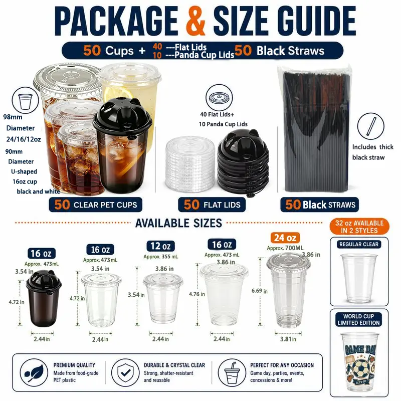 50 Pieces Multi-Size Disposable Plastic Cold Drink Cups with Lids, Straws, 50 Stickers - 98mm Rim (24/16/12oz×10 Each), 90U Rim (Clear & Black 16oz×10 Each) for Smoothies, Bubble Tea, Round