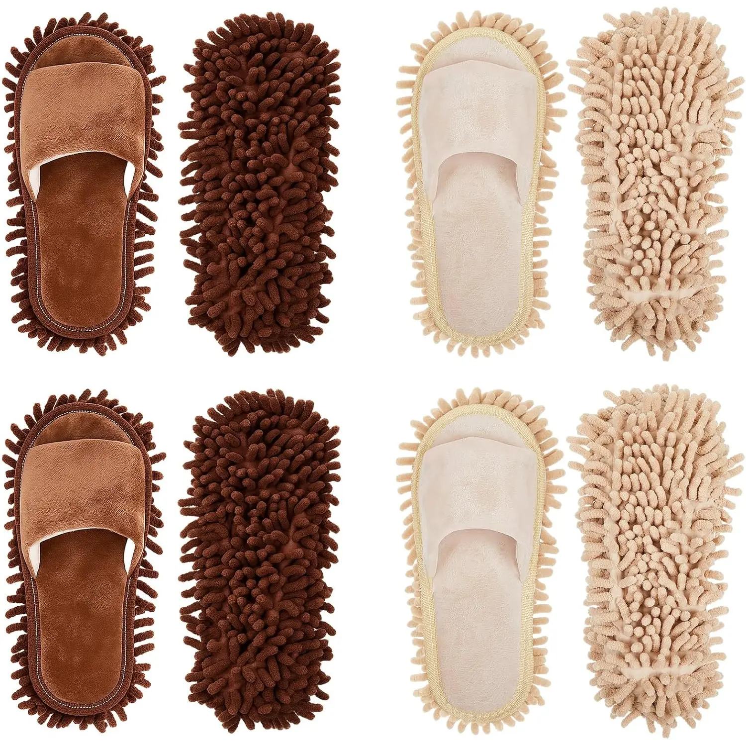 Unisex Washable Microfiber Mop Slippers - 4-Pair Detachable Round Toe Dusting Shoes, Home/Office Use, Gift Option (Brown, Beige, L Size)