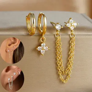 3PCS New Arrival Four Zircon Flower Hoop Earring Set for Women Stainless Steel Double Stud Chain Tassel Huggie Piercing Jewelry